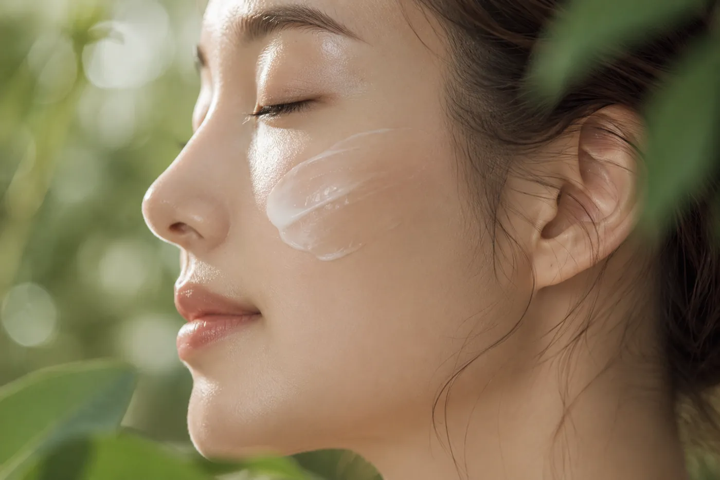 Close-up of calm, hydrated skin in soft natural light